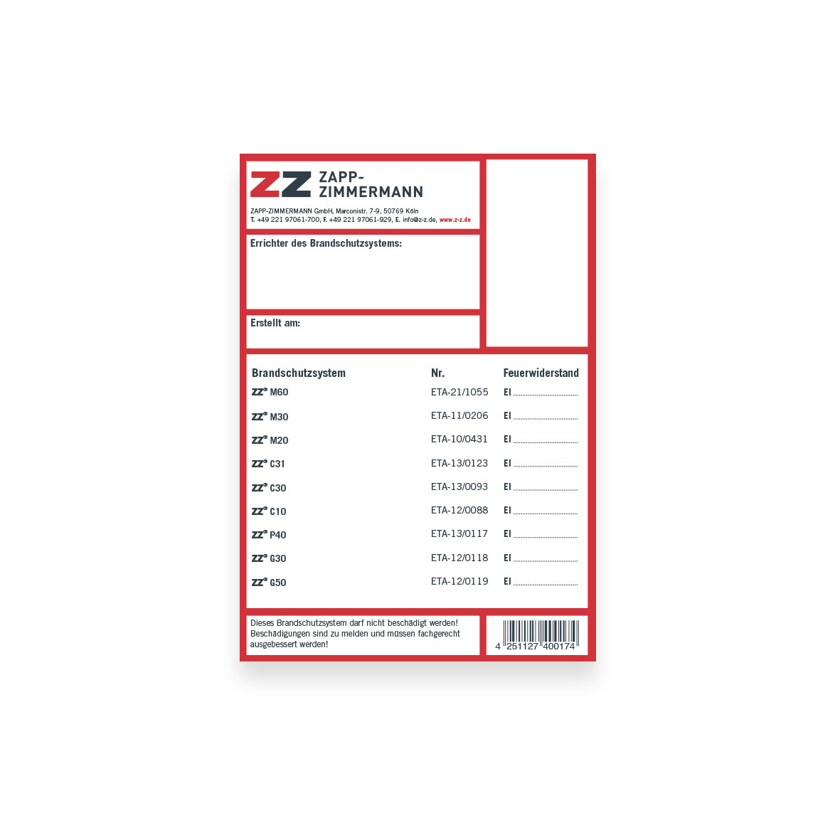 Kennzeichnungsschild ETA Systeme Kennzeichnungsschild ETA Systeme